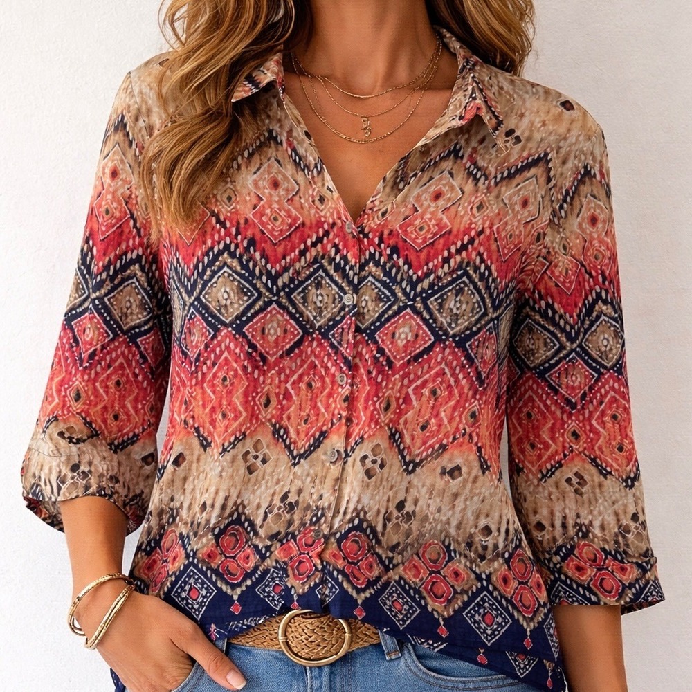 Samantha Grey Aztec Cotton Geometric Print 3/4 Sleeve Button Blouse Top Sz 16